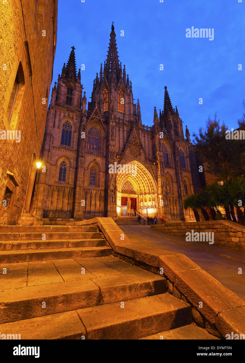 Nacht-Blick auf die Kathedrale des Heiligen Kreuzes und Santa Eulalia in Barcelona, Katalonien, Spanien Stockfoto