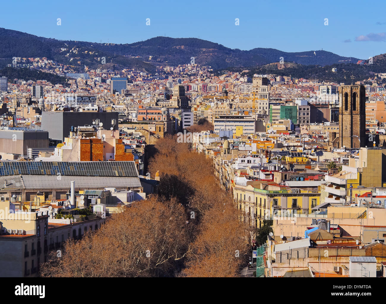 Luftaufnahme von La Rambla in Barcelona, Katalonien, Spanien