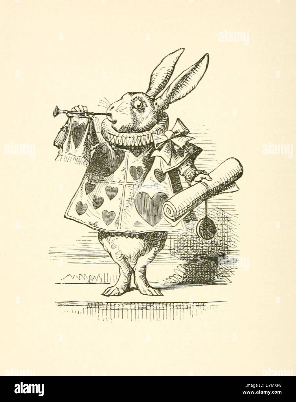 Das weiße Kaninchen mit Trompete und Scroll läutet den Vorwurf, Illustration von Sir John Tenniel (1820-1914) aus "Alice im Wunderland" von Lewis Carroll erstmals 1865 veröffentlicht. Siehe Beschreibung für mehr Informationen. Stockfoto