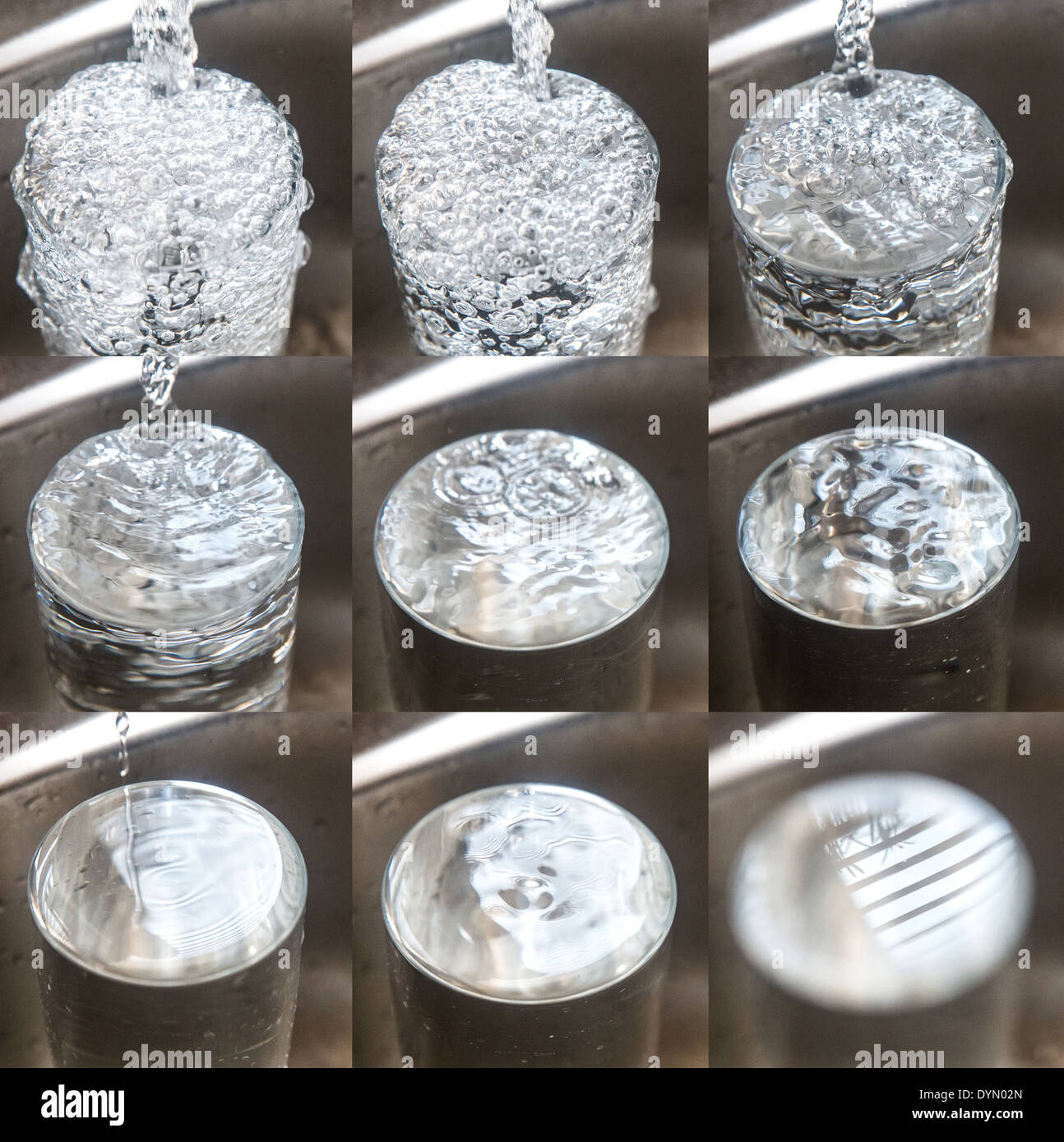 Wasser in verschiedenen Stadien der Erregung in einem Glas aus einem Wasserhahn Stockfoto