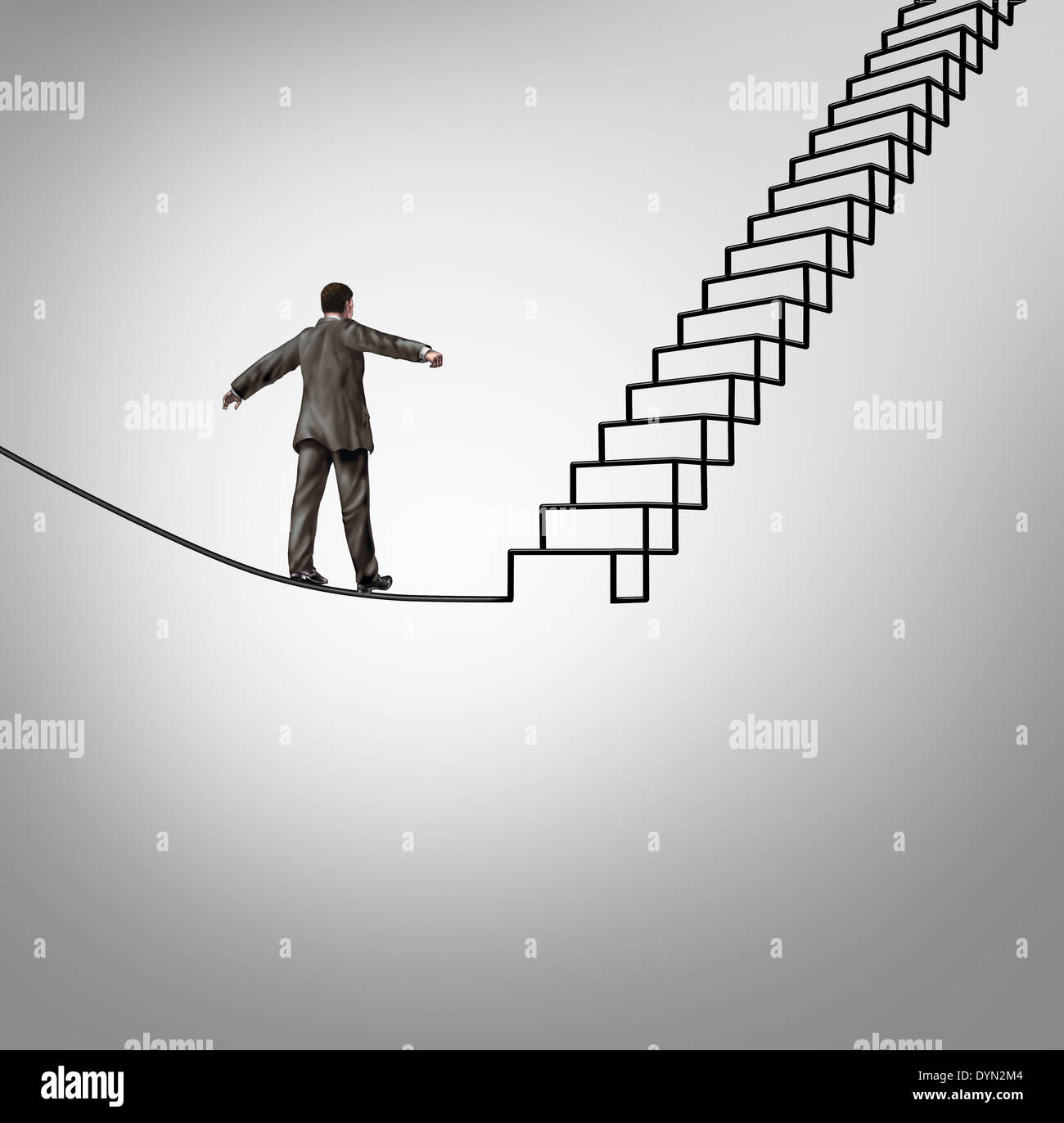 Chancen und Gefahren-Management-Business-Konzept mit einem Geschäftsmann, balancieren auf einem Drahtseil Wattierung aufwärts Treppen oder Treppe als Karriere Finanz-Metapher für schwierige Herausforderungen zu meistern und Verringerung der Unsicherheit zu riskieren. Stockfoto