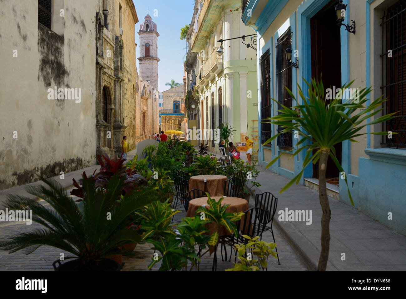 Straßencafé in Alt-Havanna Kuba mit Straßenhändlern und Uhr Turm der Kathedrale von Havanna Stockfoto