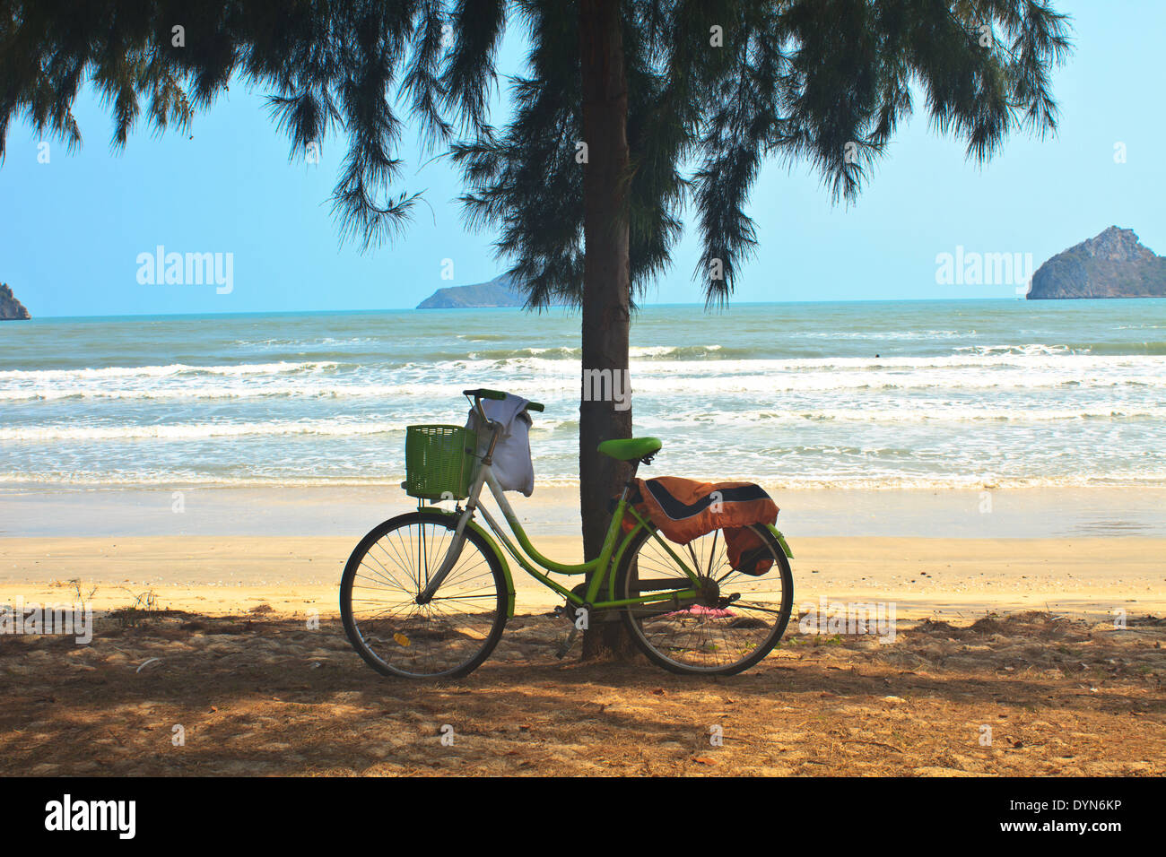 Fahrrad mit Baum am Strand, Thailand Stockfoto