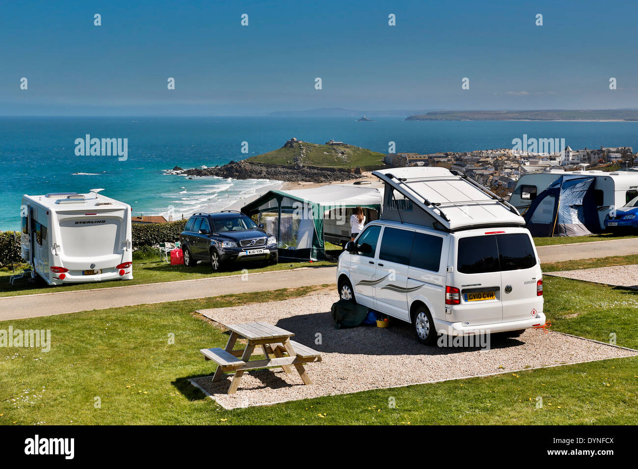 Ayr Campingplatz; St Ives; Blick über St. IVes Bay, Godrevy; Cornwall; UK Stockfoto