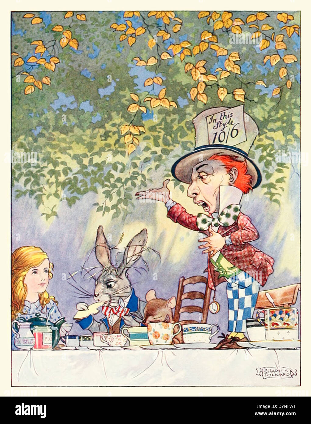 Frontispiz zeigt der Hutmacher Tee-Party von Carrolls 'Songs from Alice in Wonderland und Through the Looking-Glass"von Charles James Folkard (1878-1963) illustriert. Siehe Beschreibung weitere Informationen Stockfoto