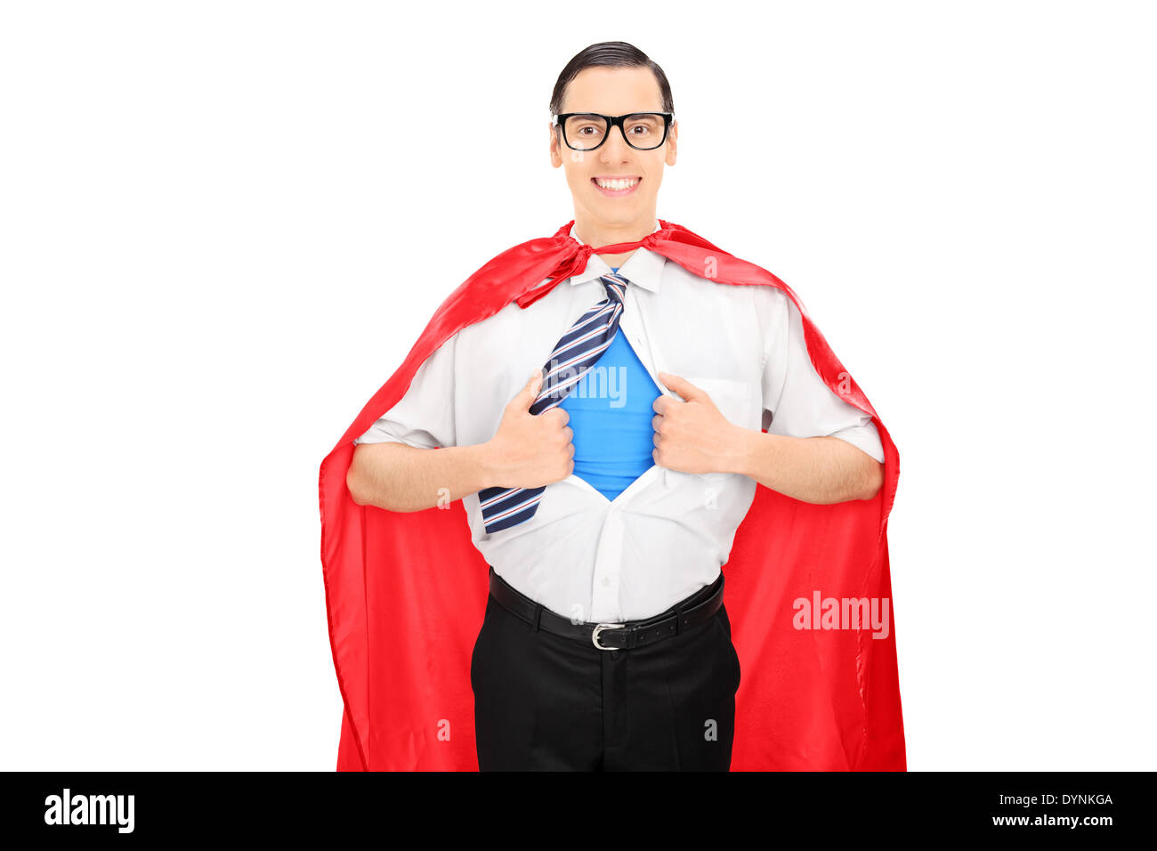 Männlichen Superhelden reißt sein Hemd Stockfoto