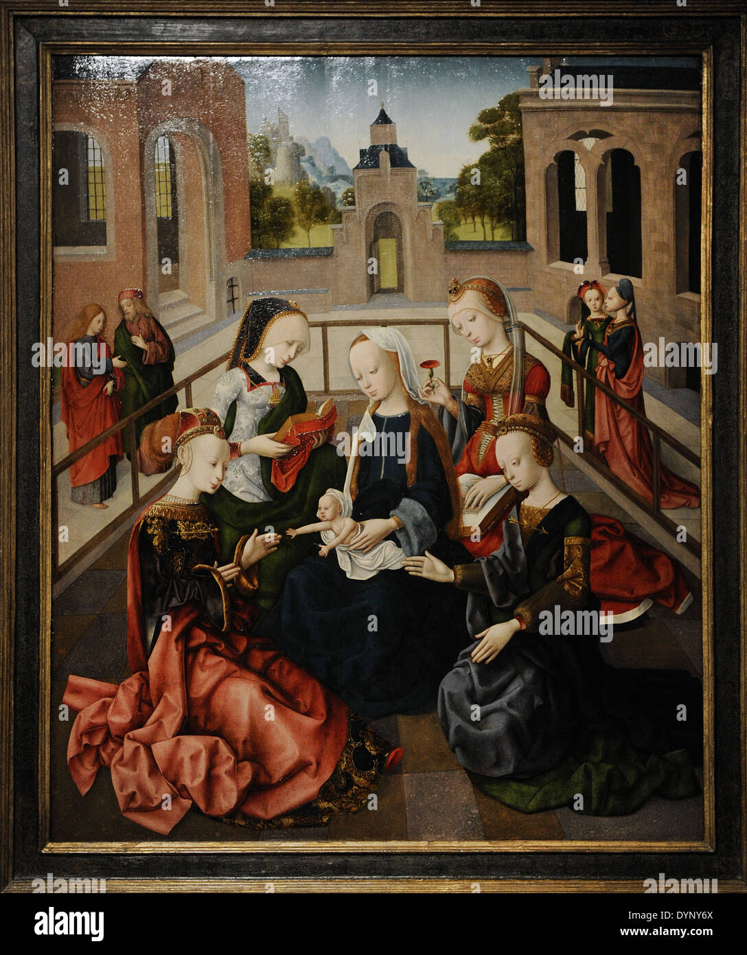 Meister der Virgo inter Virgenes (aktiv ca. 1475-1510). Die Jungfrau und Kind mit vier Heiligen Jungfrauen, um 1495-1500. Stockfoto