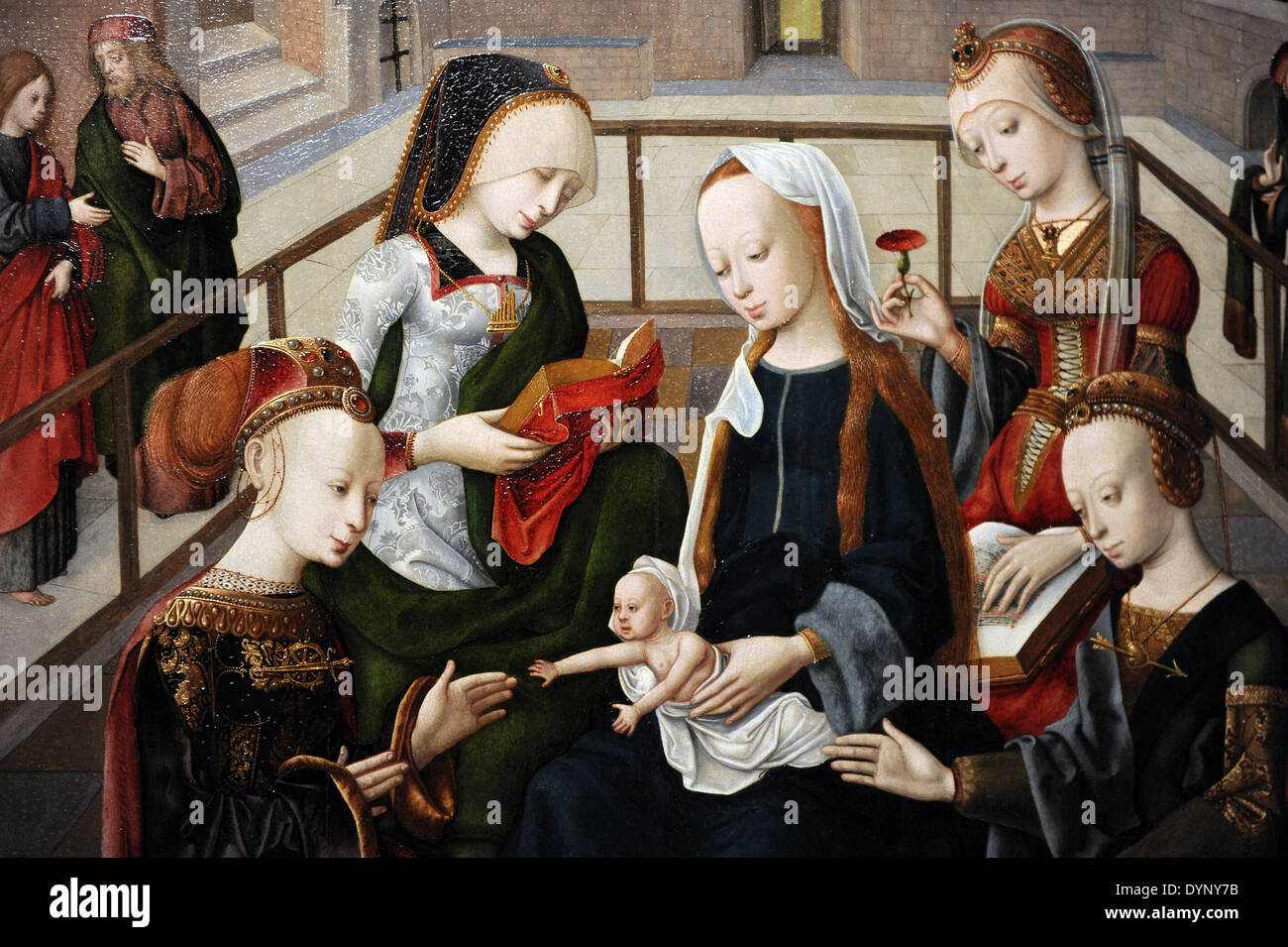 Meister der Virgo inter Virgenes (aktiv ca. 1475-1510). Die Jungfrau und Kind mit vier Heiligen Jungfrauen, um 1495-1500. Detail. Stockfoto