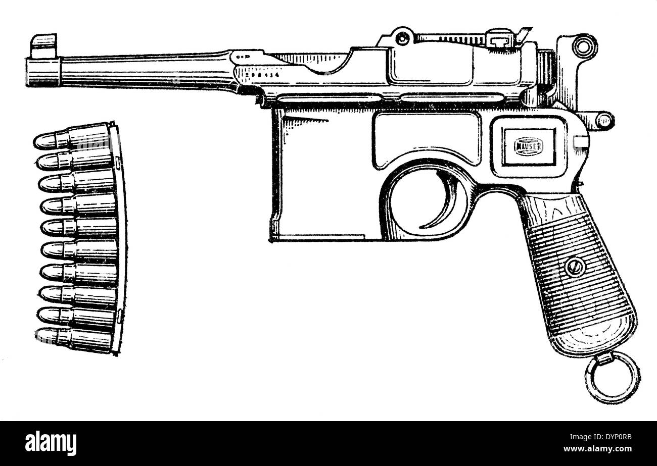 Mauser C96 (1896), halbautomatische Pistole mit Stripperin Clip, Deutschland Stockfoto