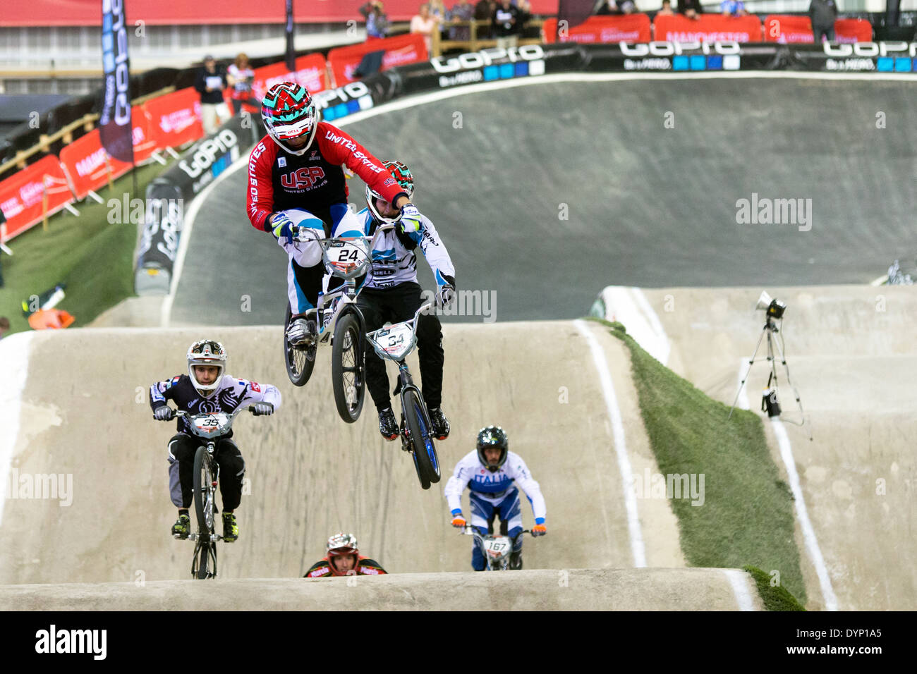 Elite Herren Qualifikation laufen 2 Hitze 4 UCI BMX Supercross World Cup Manchester nationalen Radsport Zentrum England, Großbritannien Stockfoto