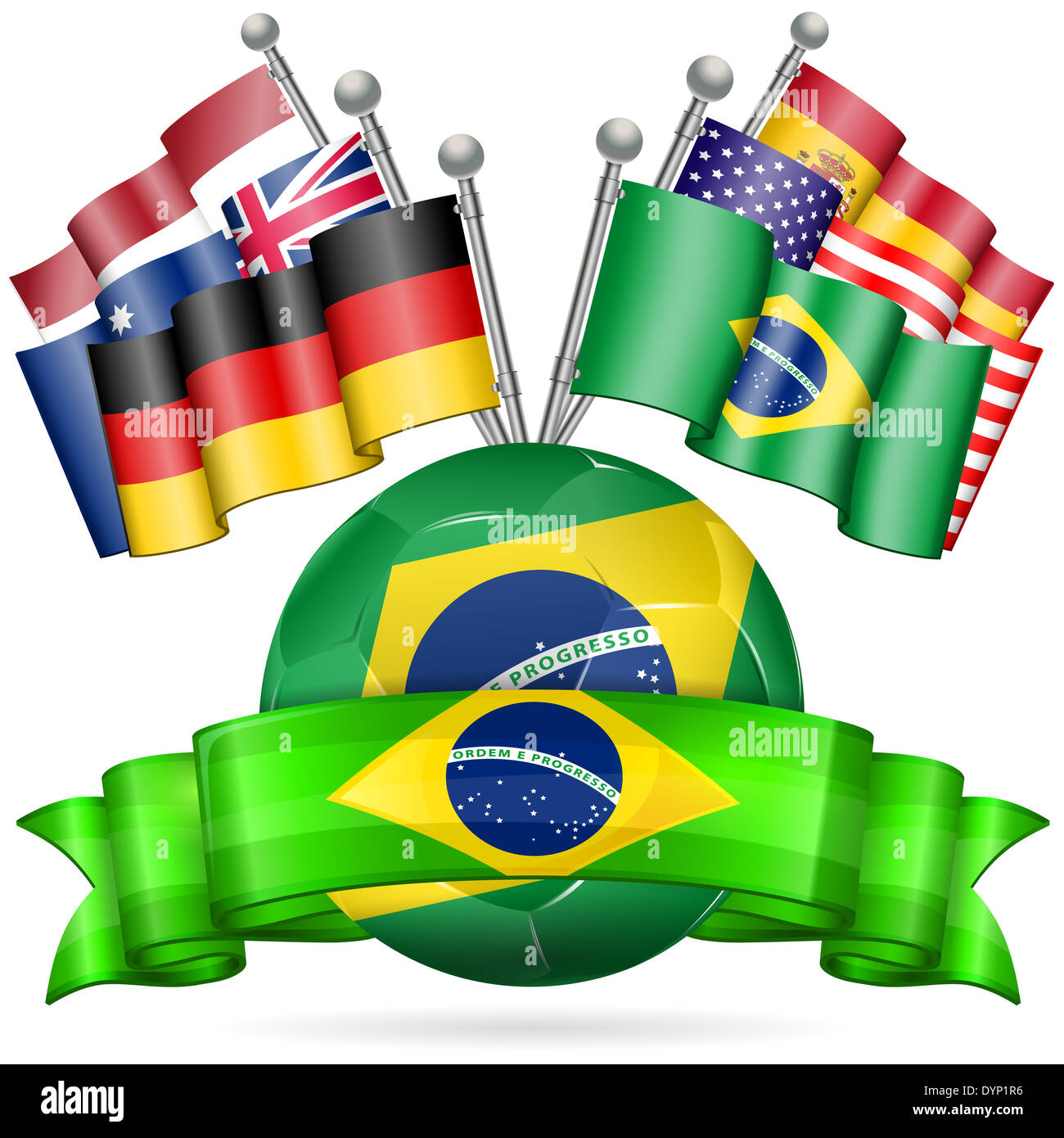 Fußball Poster mit Fußball, Fahnen und Band in Farbe Flagge Brasilien, isoliert auf weißem Hintergrund Stockfoto