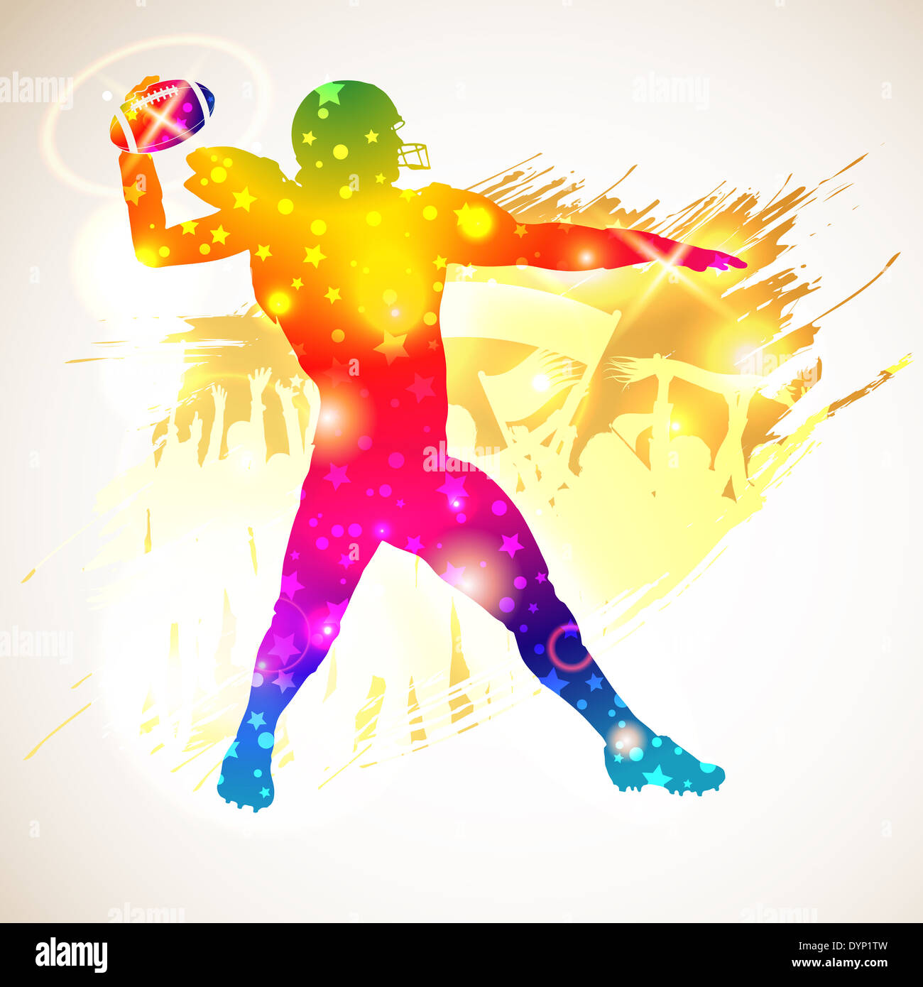 Bright Rainbow Silhouette American-Football-Spieler und Fans auf Grunge Hintergrund, Abbildung Stockfoto