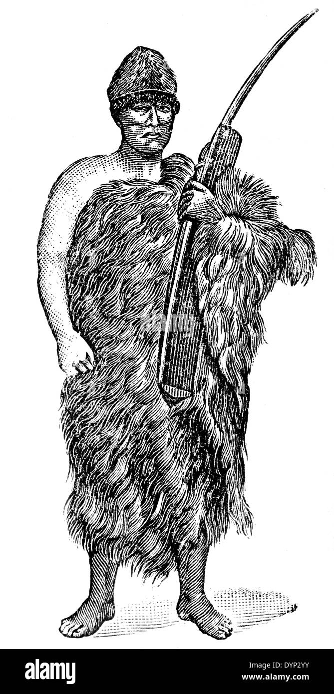 Selknam Mann (Südamerika) in traditioneller Kleidung, Illustration aus sowjetischen Enzyklopädie, 1926 Stockfoto
