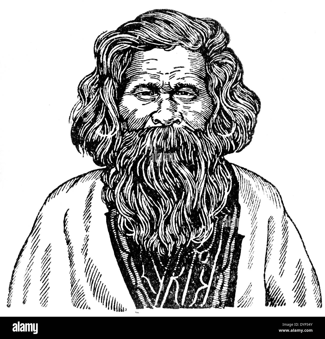 Ainu Mann in traditioneller Kleidung, Illustration aus sowjetischen Enzyklopädie, 1926 Stockfoto