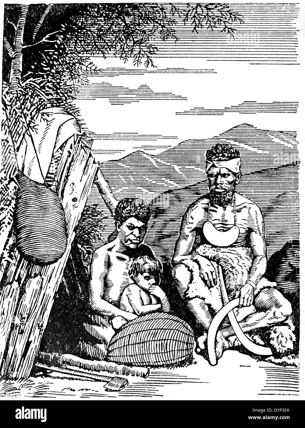 Indigene Australier Familie, Illustration aus sowjetischen Enzyklopädie, 1926 Stockfoto