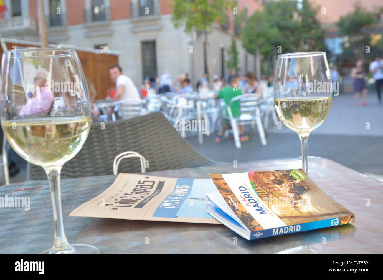 Madrid Lonely Planet Reiseführer mit Wein Stockfoto