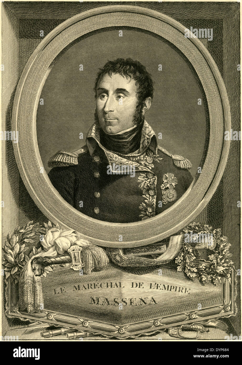 Um 1840 erstellt antiken Gravur, André Masséna, Marschall des Reiches durch Napoleon. Stockfoto