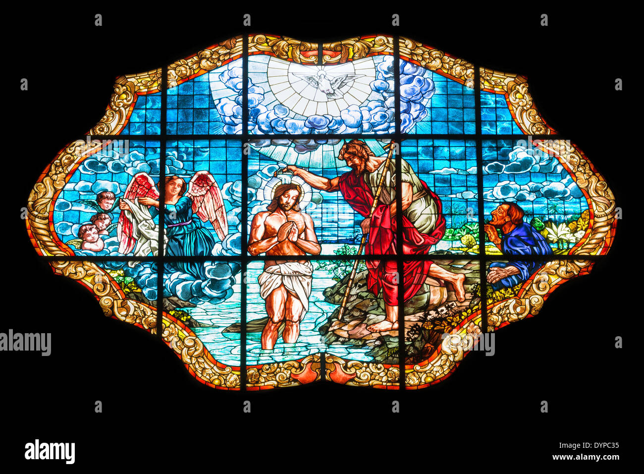 Eine Glasmalerei in einer Kirche in Finale Ligure, Italien, EU Stockfoto