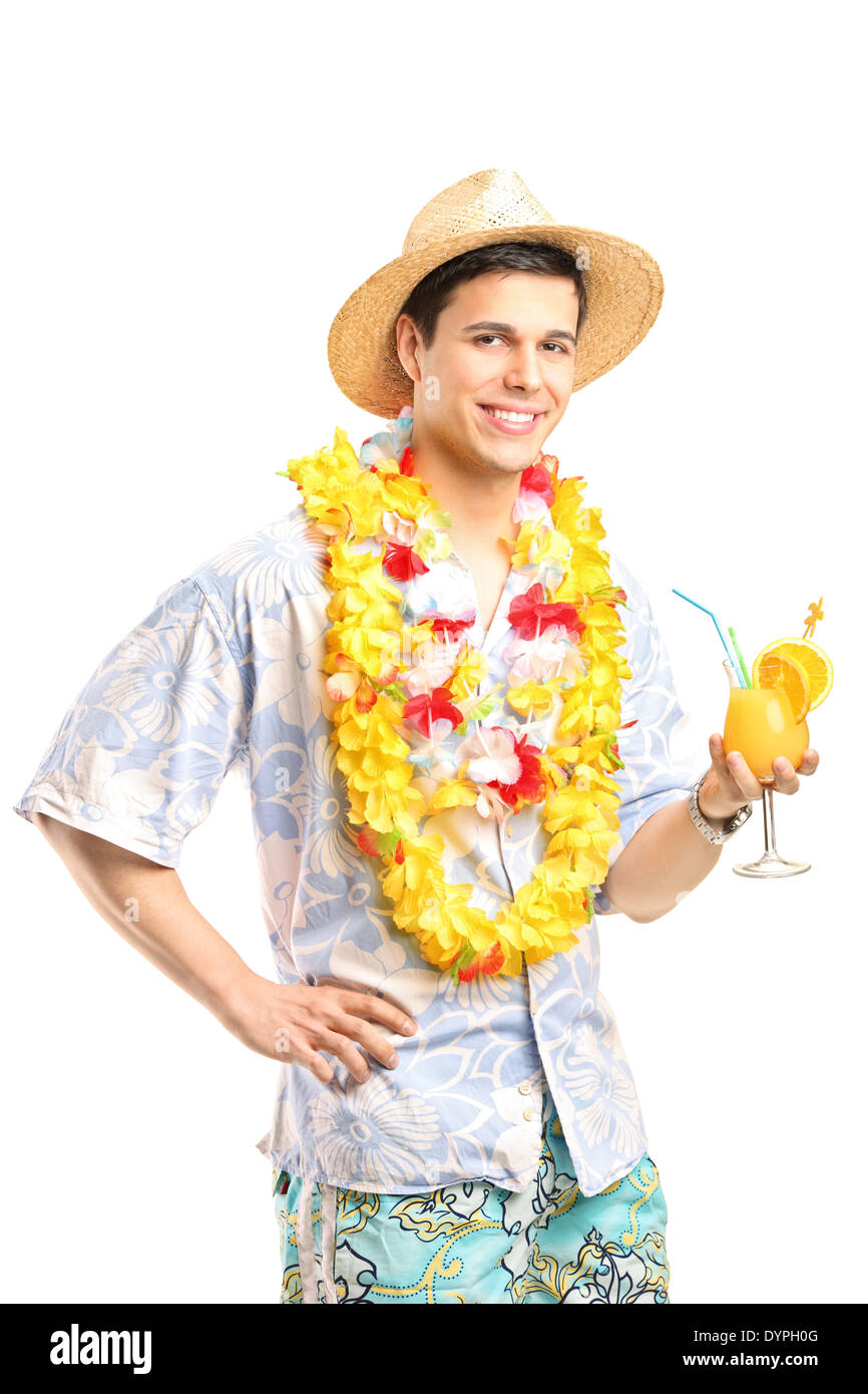 Mann in Hawaii Kleidung mit einem cocktail Stockfoto