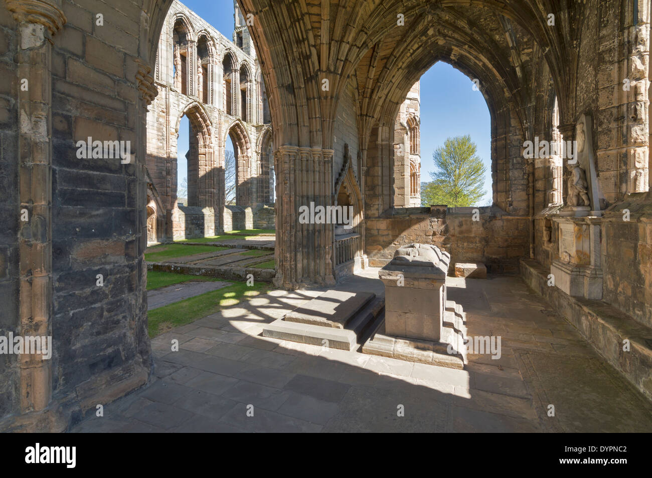 ELGIN CATHEDRAL MIT GRÄBERN IM INNEREN DER GEBÄUDE MORAY SCHOTTLAND Stockfoto