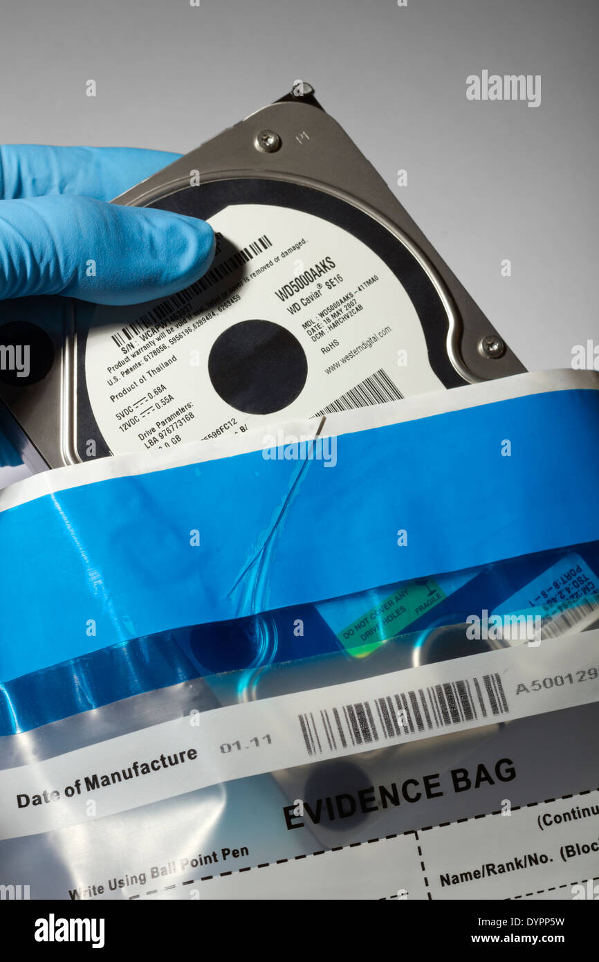 Behandschuhte Hand Platzierung Computerfestplatte In forensische Beweise Tasche Stockfoto
