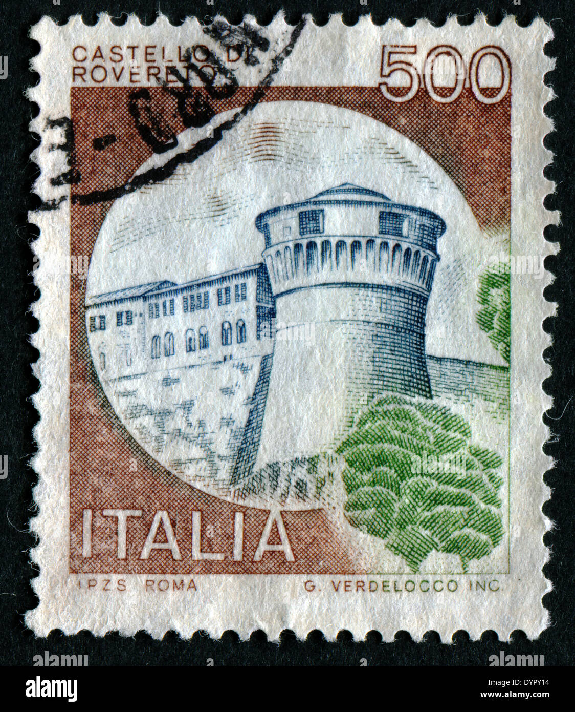 Italien - CIRCA 1980: Eine Briefmarke gedruckt in Italien aus der "Schlösser"-Ausgabe zeigt Rovereto Schloss circa 1980. Stockfoto
