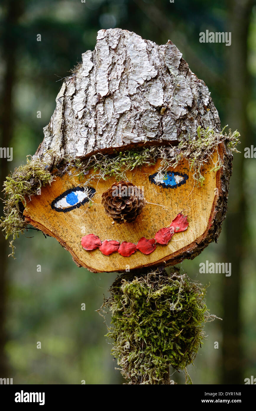 Amüsante Gesicht hergestellt aus Holz und natürlichen Materialien in einem Wald Stockfoto