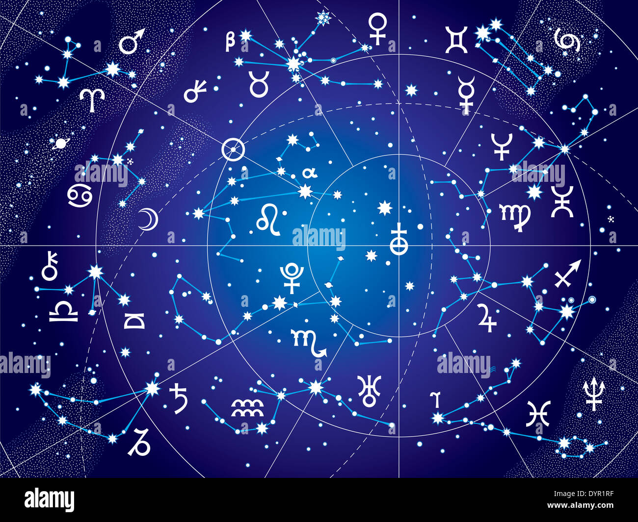 XII-Konstellationen von Tierkreis und die Planeten die Herrscher. Astrologische Sternkarte. (Ultraviolet Blueprint Version). Stockfoto