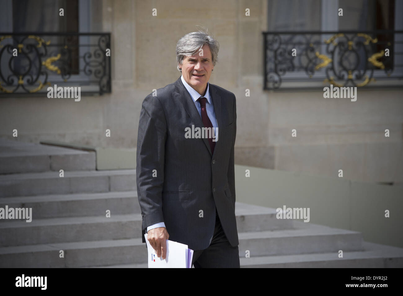 Paris, FRA. 23. April 2014. Französischen Landwirtschaftsminister und Regierung Sprecher Stephane Le Foll hinterlässt der Élysée-Palast am 23. April 2014, in Paris, nach der wöchentlichen Kabinettssitzung. (Foto/Zacharie Scheurer) © Zacharie Scheurer/NurPhoto/ZUMAPRESS.com/Alamy Live-Nachrichten Stockfoto