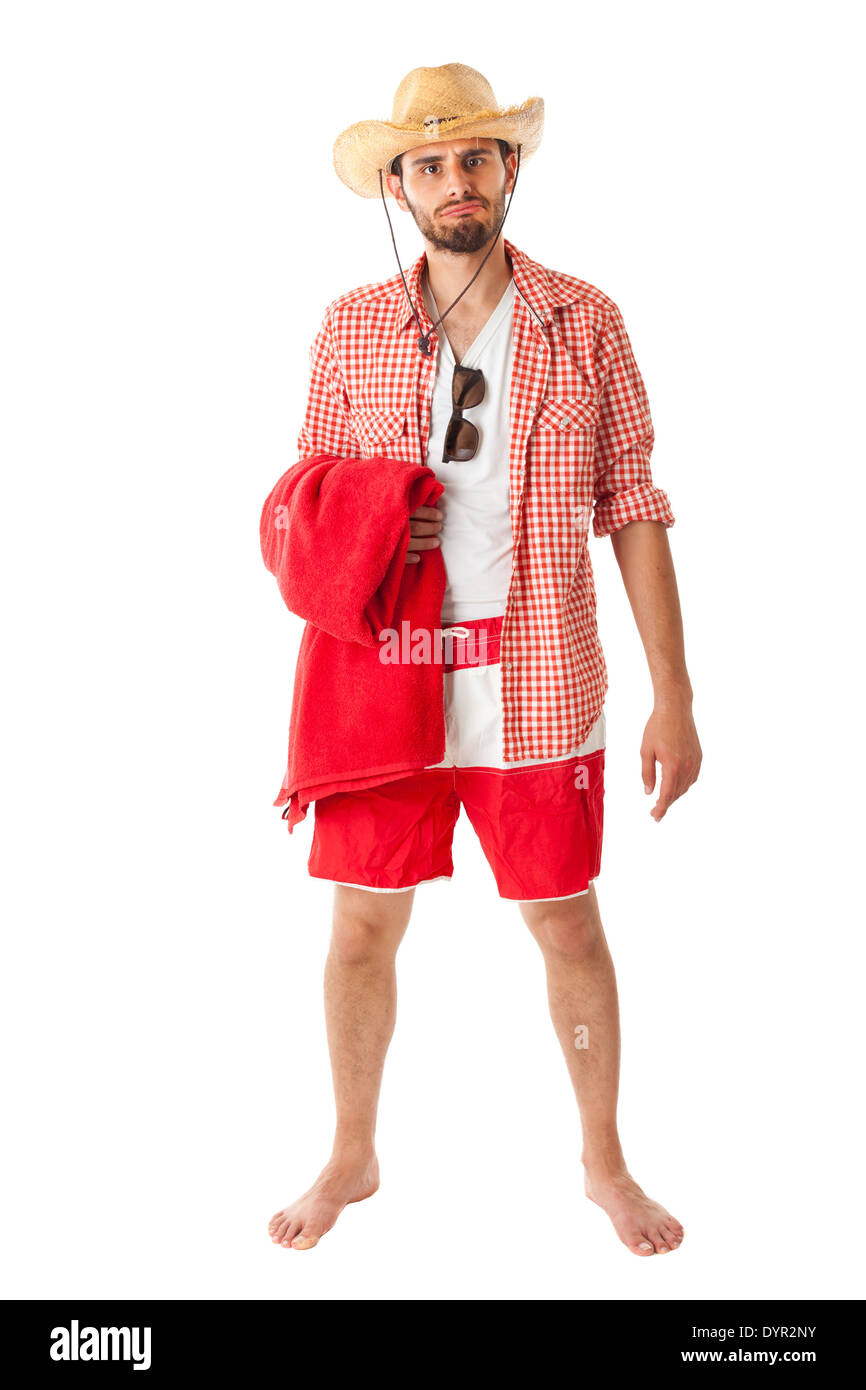 eine junge, attraktive Männchen in einem bunten Outfit bereit, als Stereotyp Tourist Reisen Stockfoto