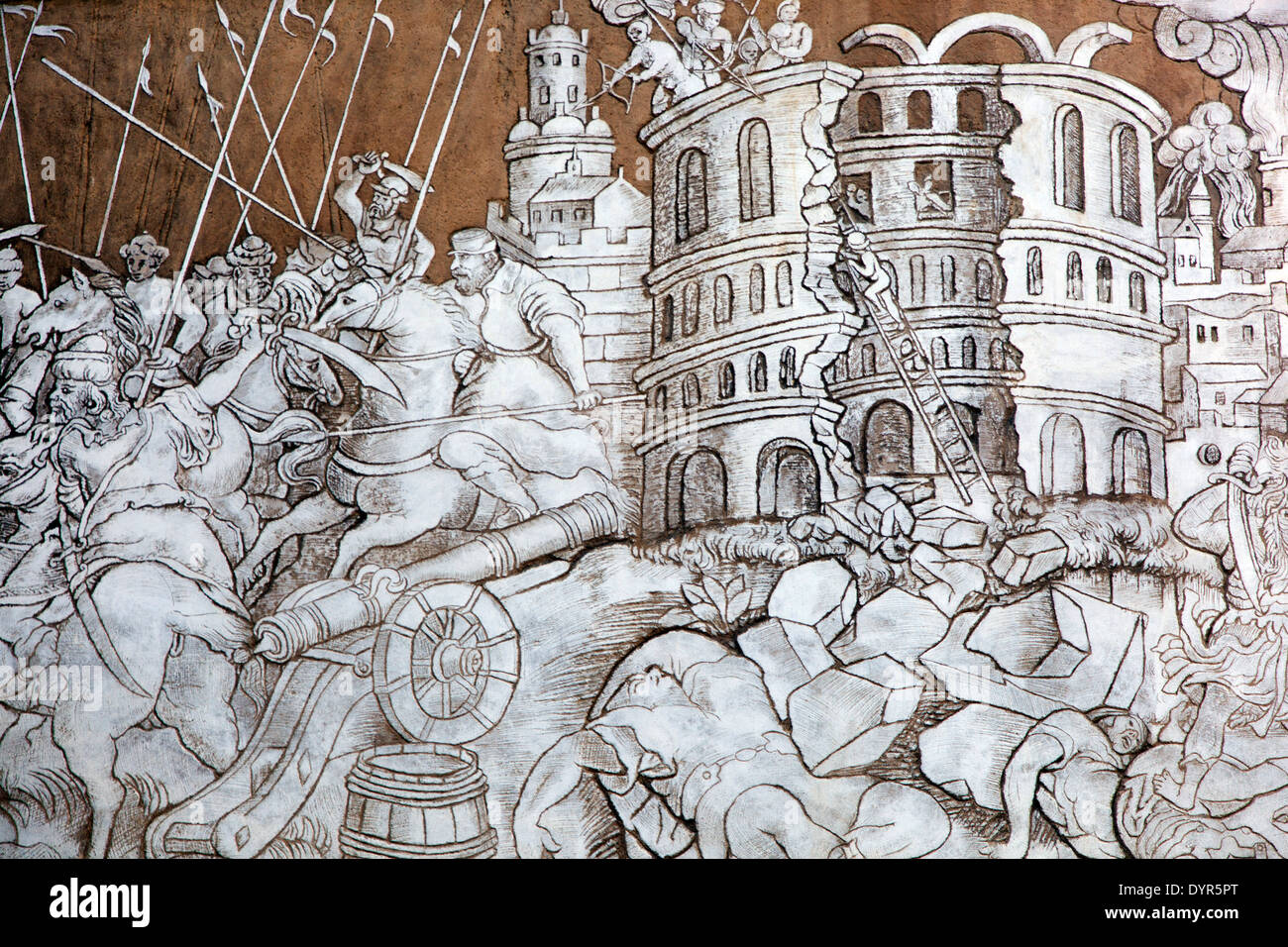 Detail der Außendekoration Leitomischl Burg in Sgraffito-Technik repräsentieren die Schlacht des Kolosseums in Rom Stockfoto