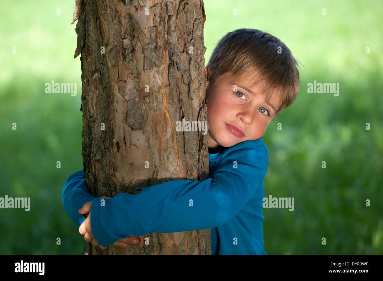 Symbolisches Bild: kleiner Junge einen Baum umarmen Stockfoto