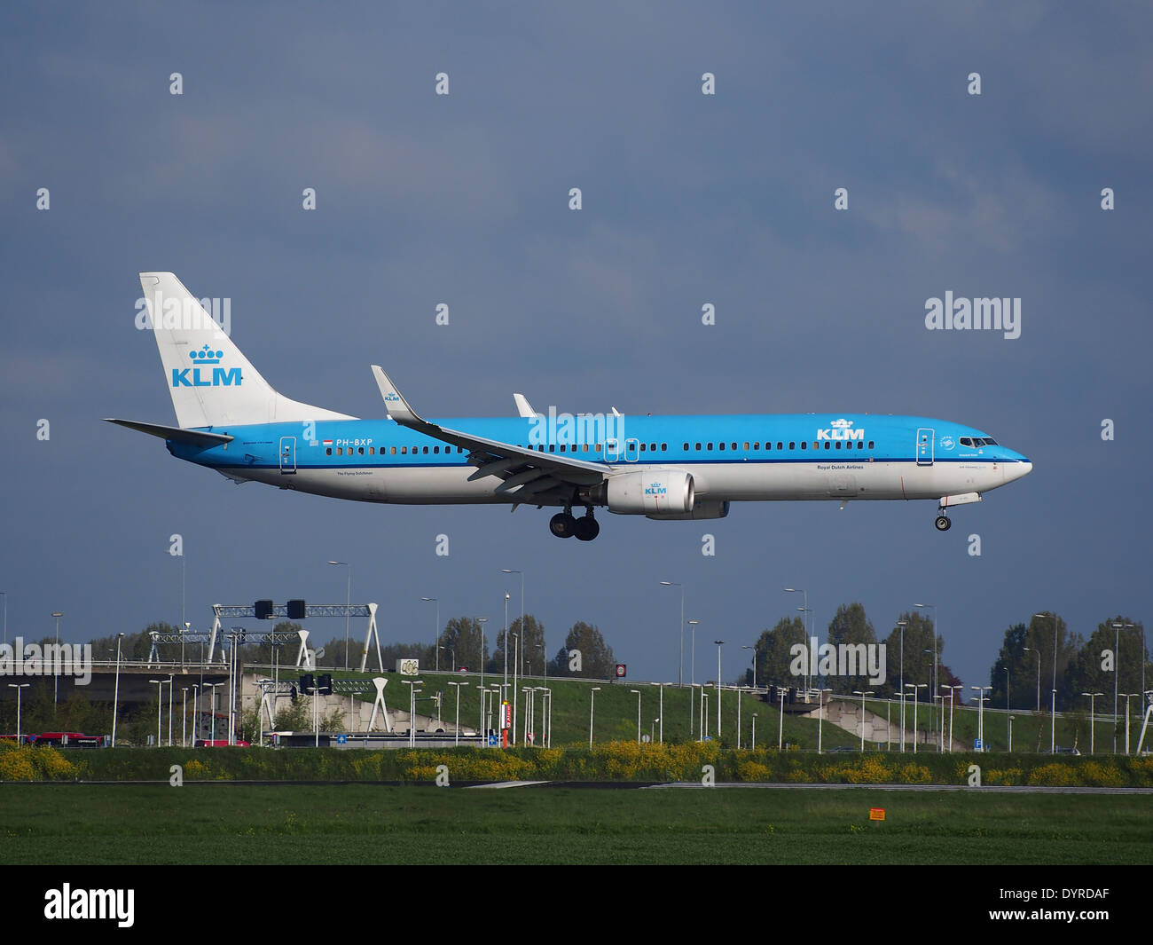 KLM Boeing 737 Next Gen (PH-BXP) landet am Flughafen Schiphol (AMS) in den Niederlanden und veranschaulicht den Anflug des Flugzeugs und die Luftfahrt in Aktion. Stockfoto
