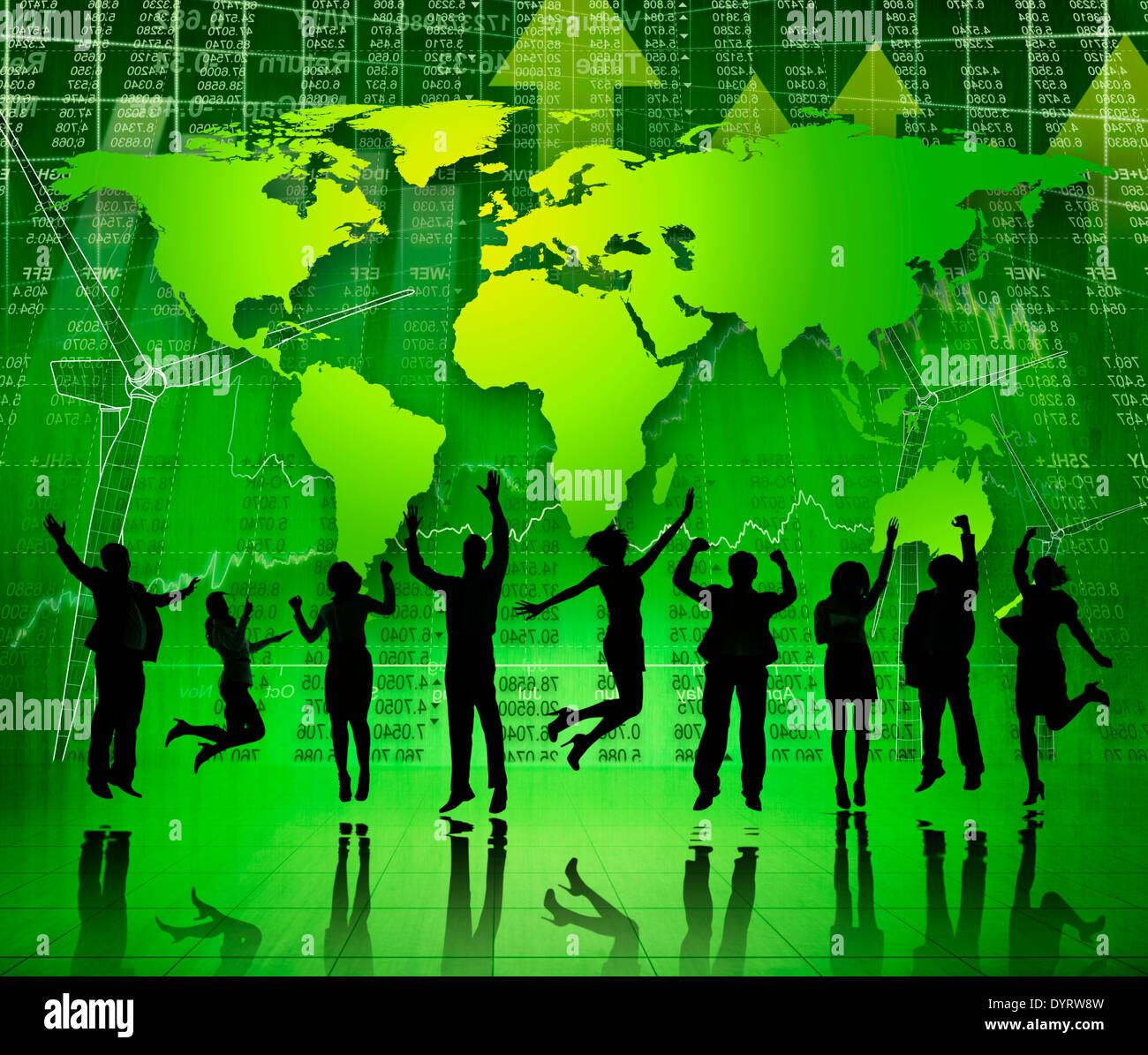 Gruppe von glücklich Geschäftsleute, die mit dem Ausdruck Positivität und A grüne Umweltschutz unter dem Motto Hintergrund Stockfoto