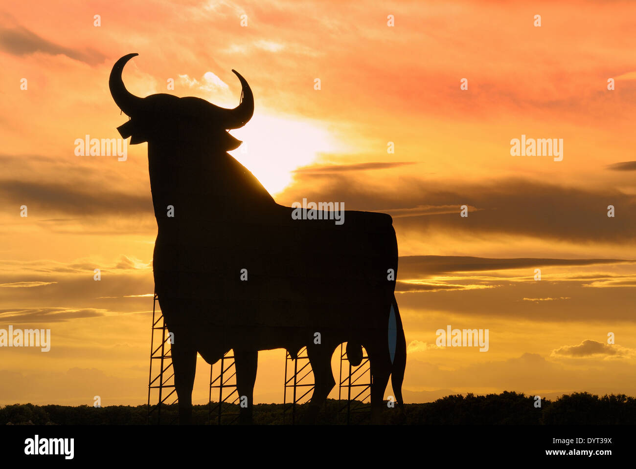 Bull Straßenschild dominieren die spanischen Straßen als ein inoffizielles Symbol nur außerhalb von Barcelona, Spanien Stockfoto