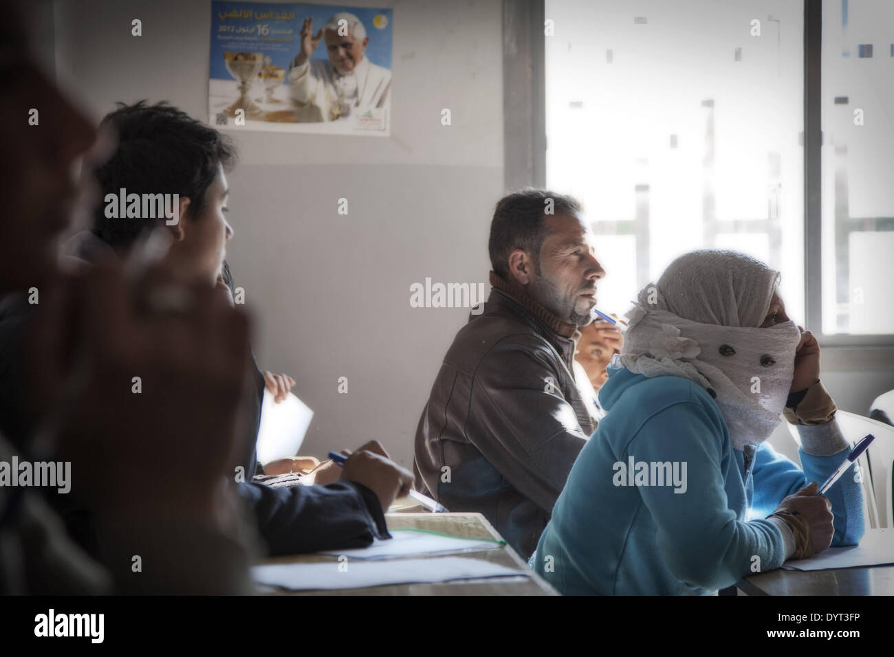 Kaa, syrischen Grenze. 6. Februar 2014. Hygiene-Kurs behandelt für syrische Flüchtlinge um ihre Gesundheit zu verbessern. GVC (Grupo di Voluntariato Civile und UNICEF in der Schule Kaa) © Ferran Quevedo/NurPhoto/ZUMAPRESS.com/Alamy Live-Nachrichten Stockfoto