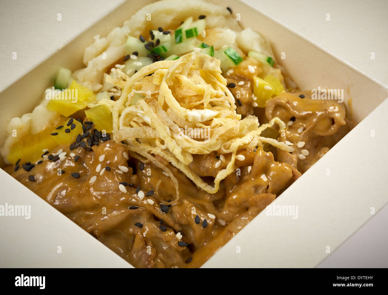 Schweinefleisch gebraten Beschichtung und Kartoffel. traditionelles japanisches Essen in Take-out-box Stockfoto
