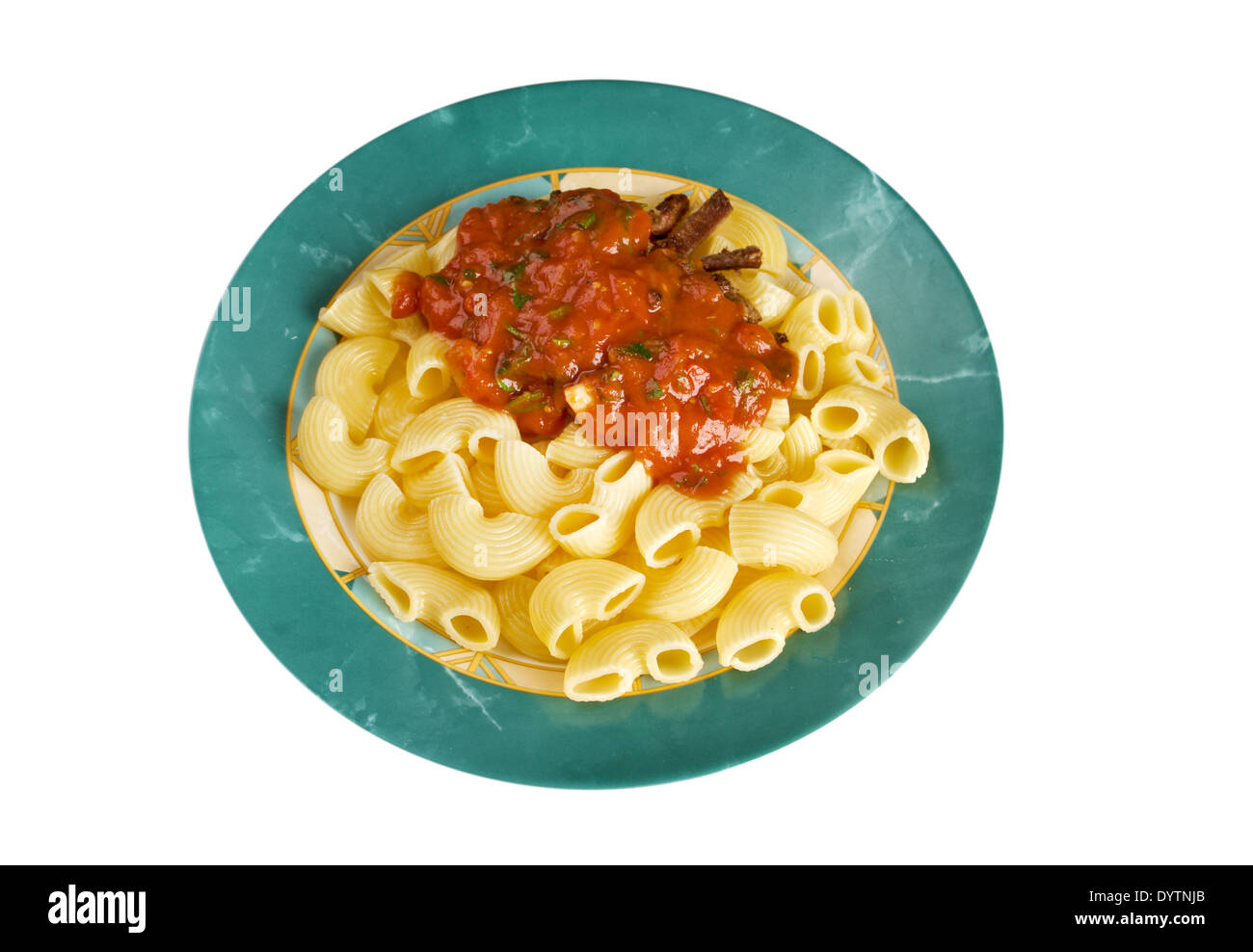 italienische Pasta Pipe Rigate mit Marinara oder Fleisch Soßen und Rindfleisch Stockfoto
