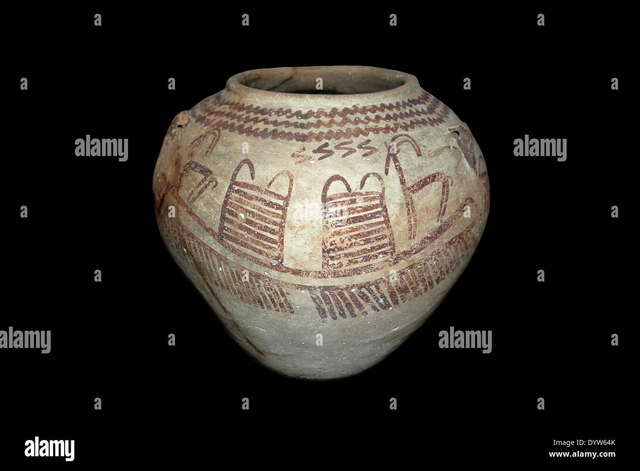 Verzierte ägyptische Keramik Schiff Periode Dynastie 1 c3500-3200 v. Chr. zeigt Boote und Bäume auf der Nil Stockfoto