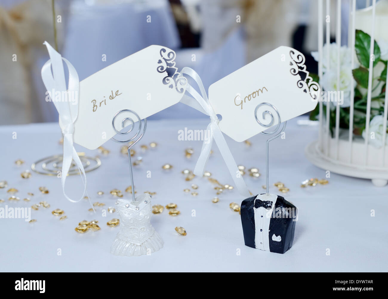 Nahaufnahme, Braut und Bräutigam Tischkarten details Hochzeitsfeier Stockfoto
