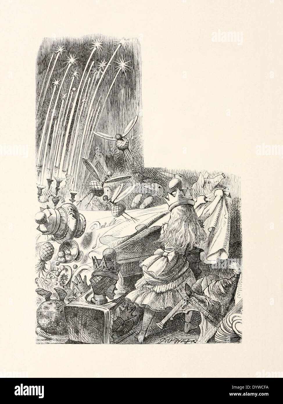 John Tenniel (1820-1914) Illustration aus Carrolls "Through the Looking-Glass", veröffentlicht im Jahre 1871. Zieht das Tischtuch. Stockfoto