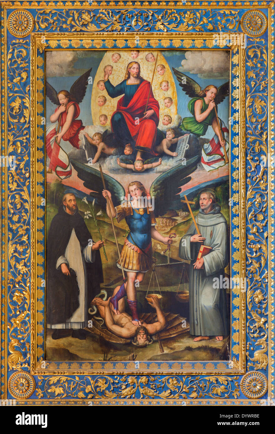 Bologna - Erzengel Michael und st. Dominikus und Franziskus Jesus Pantokrator in der Kirche Chiesa di San Domneico Stockfoto