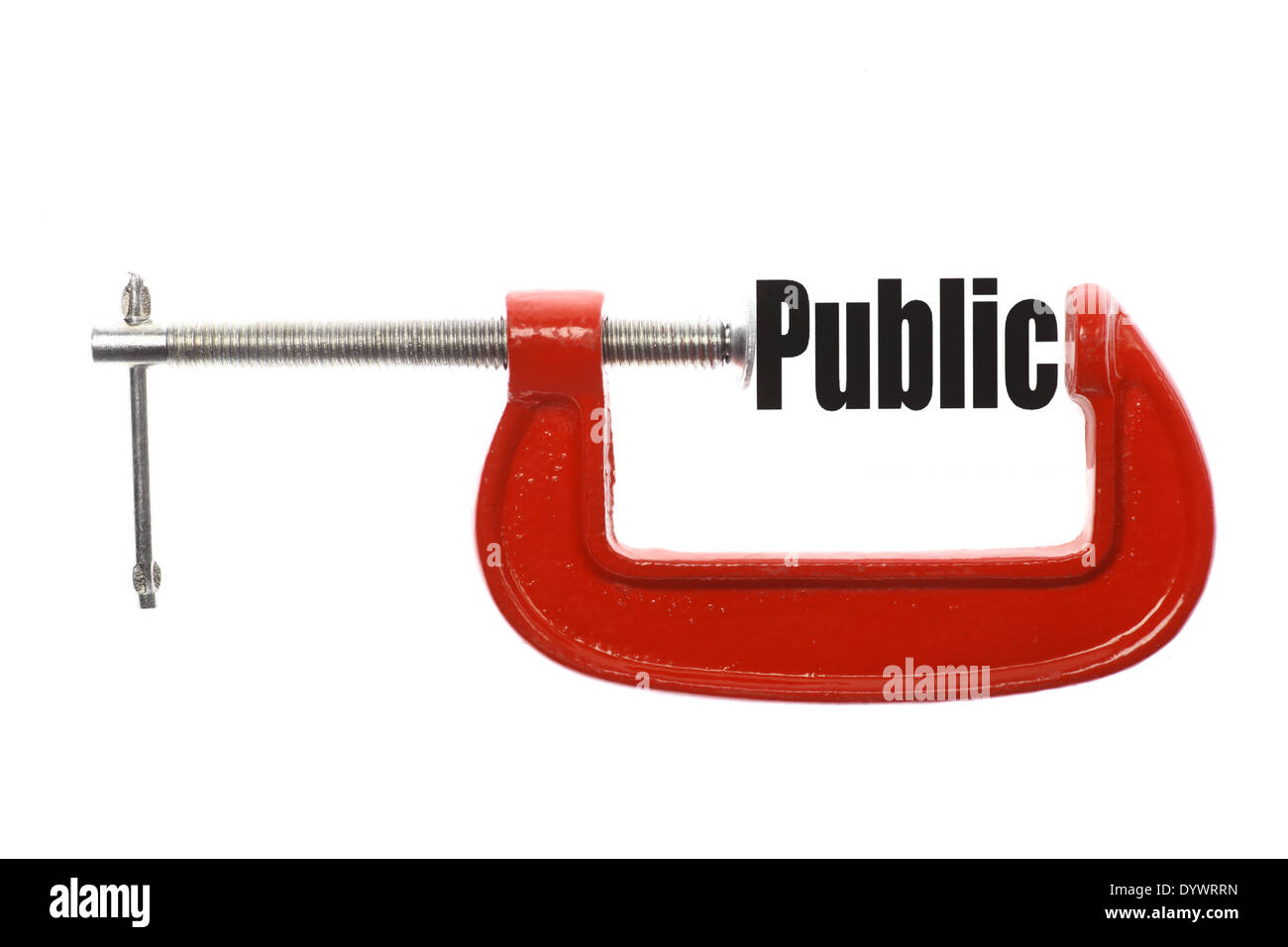 Das Wort "Öffentlich" ist mit einem Schraubstock komprimiert. Business-Metapher. Stockfoto