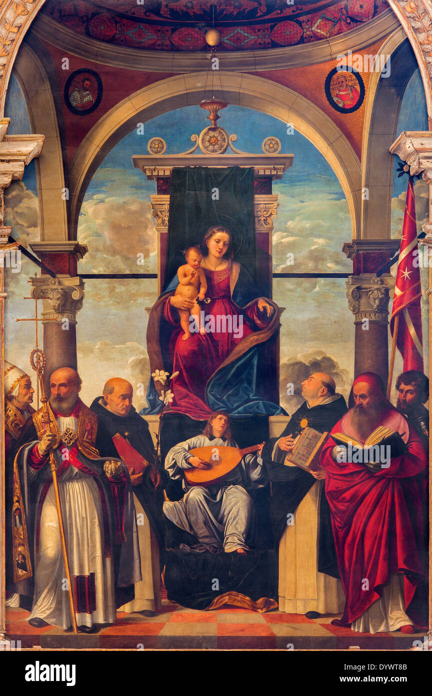 Treviso - "Madonna auf den Tron mit dem Engel der Musiker und Heiligen auf dem Hauptaltar von Marco Pensaben Stockfoto
