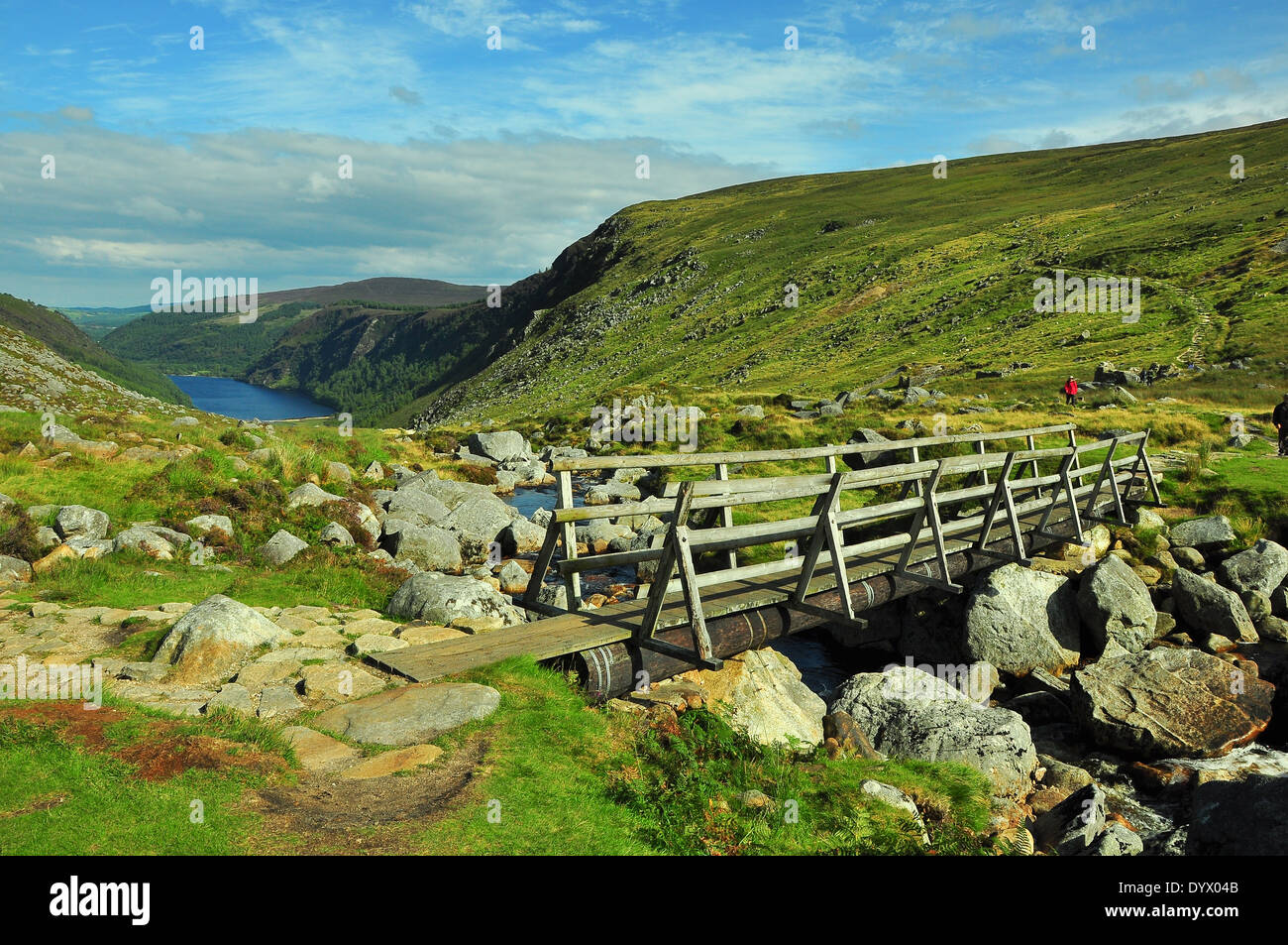 Holzbrücke am Bergweg Irland Stockfoto