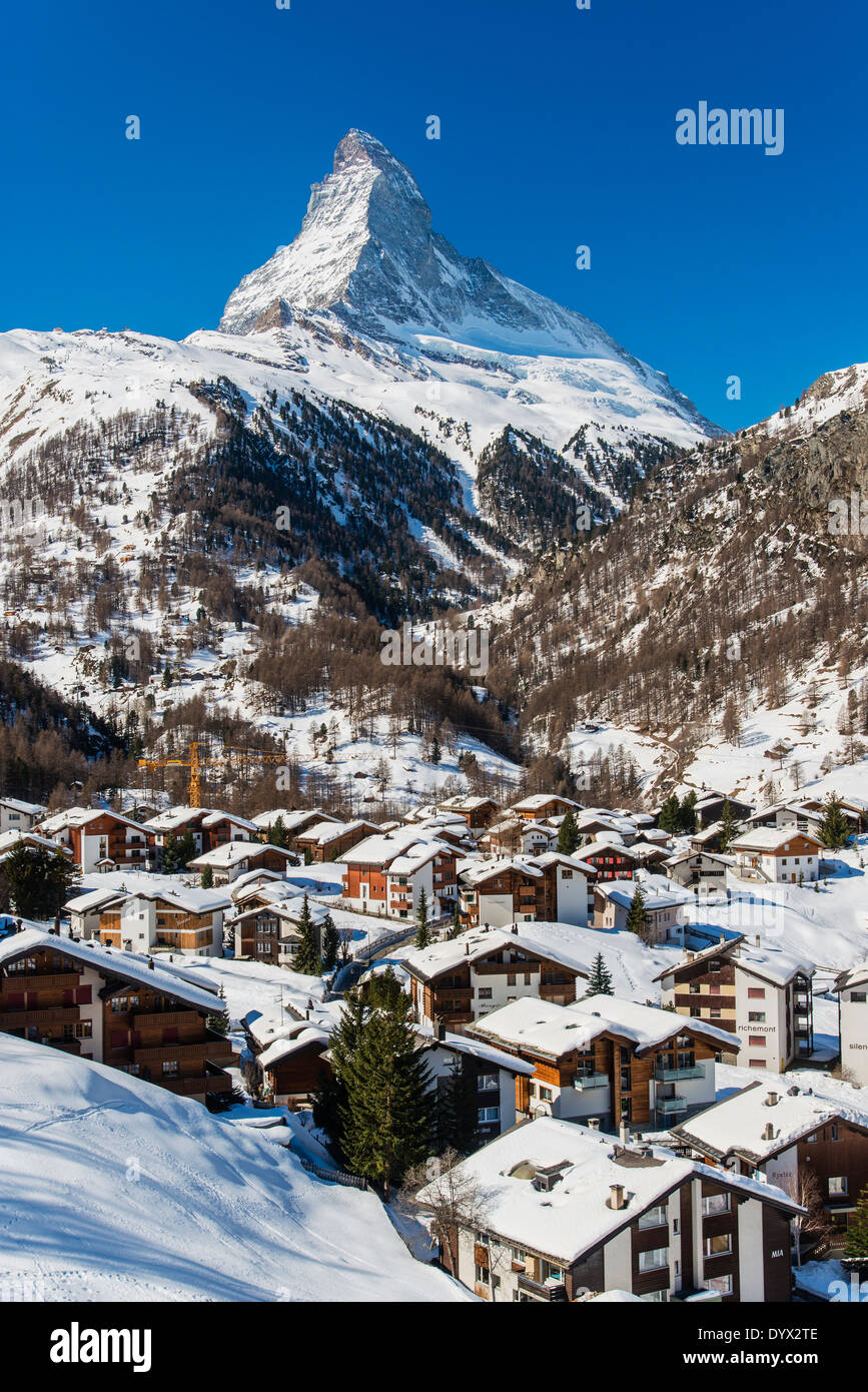 Winter-Blick auf Matterhorn, Zermatt, Wallis oder Wallis, Schweiz Stockfoto