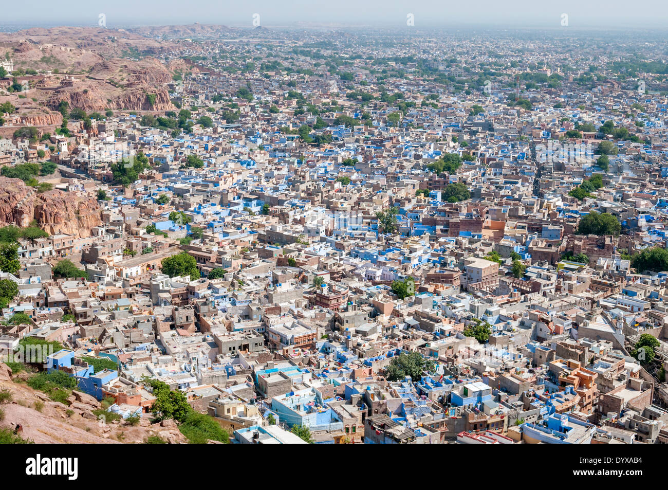 Blick vom Mehrangarh Fort über Jodhpur, Rajasthan, Indien. Stockfoto