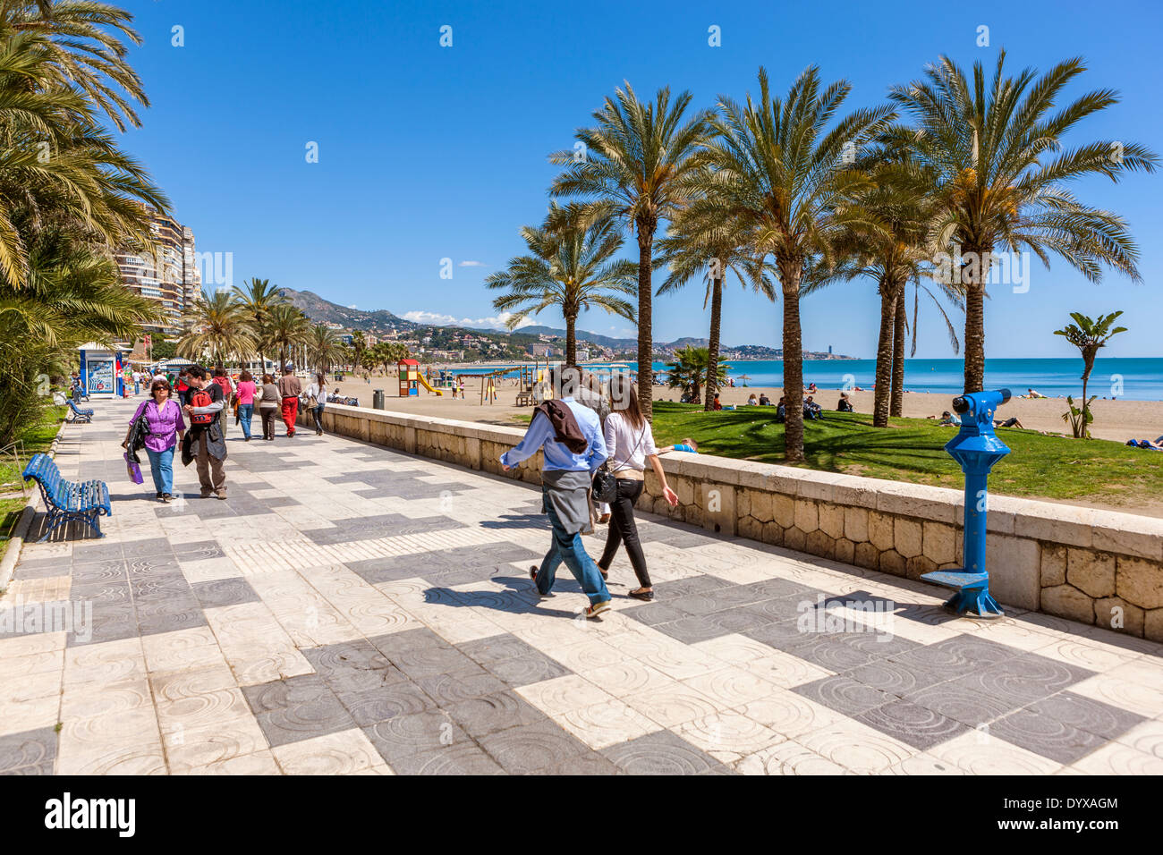 Malagueta Strand, Malaga, Costa Del Sol, Andalusien, Spanien. Stockfoto