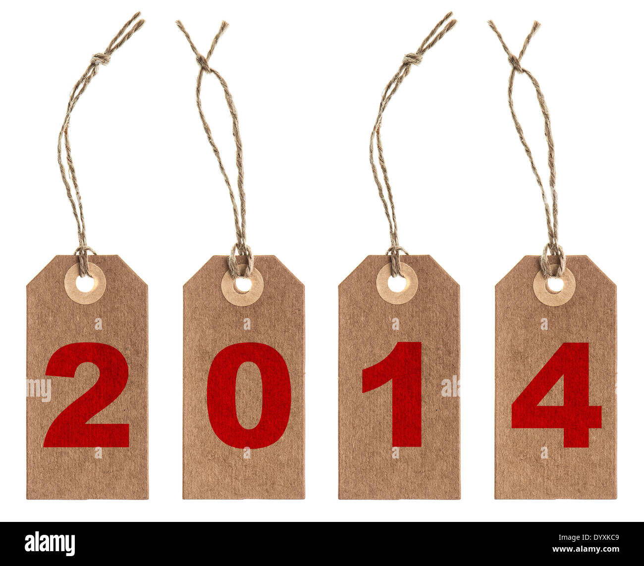 Packpapier-Tag mit einer Schnur isoliert auf weißem Hintergrund. Neujahr 2014 Konzept Stockfoto