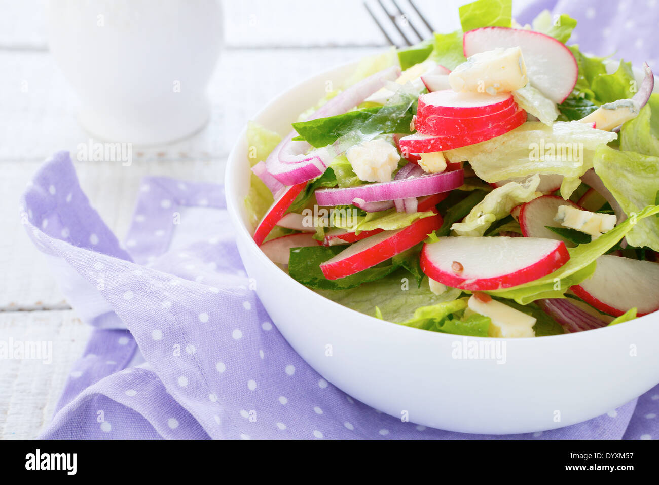 Frühlingssalat mit Radieschen und Käse, Essen Stockfoto